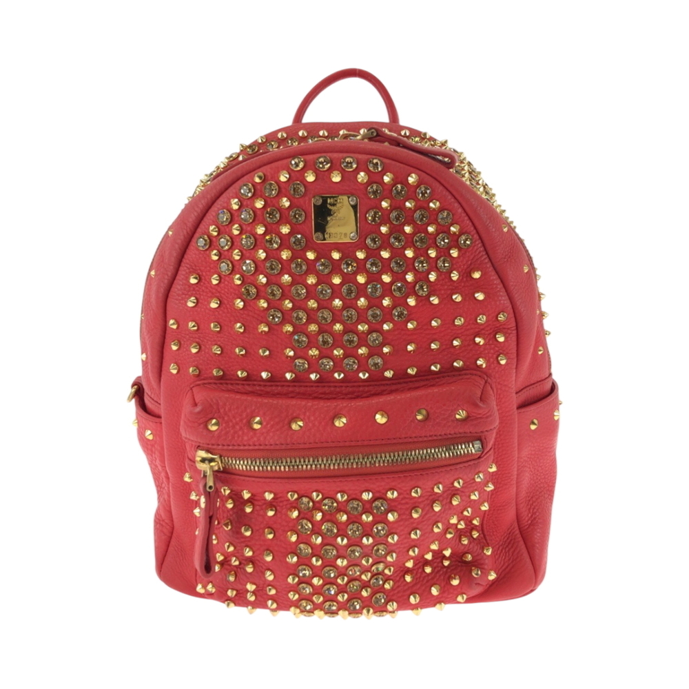 MCM (MCM) Studded Red Leather Backpack with Gold Hardware - Women's